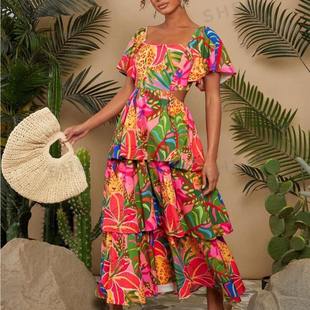 Stunning colorful tropical floral ruffle tier maxi dress